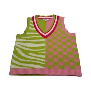 THML Pink Green Zebra Checkerboard Colorblock Sweater Vest V-Neck Large